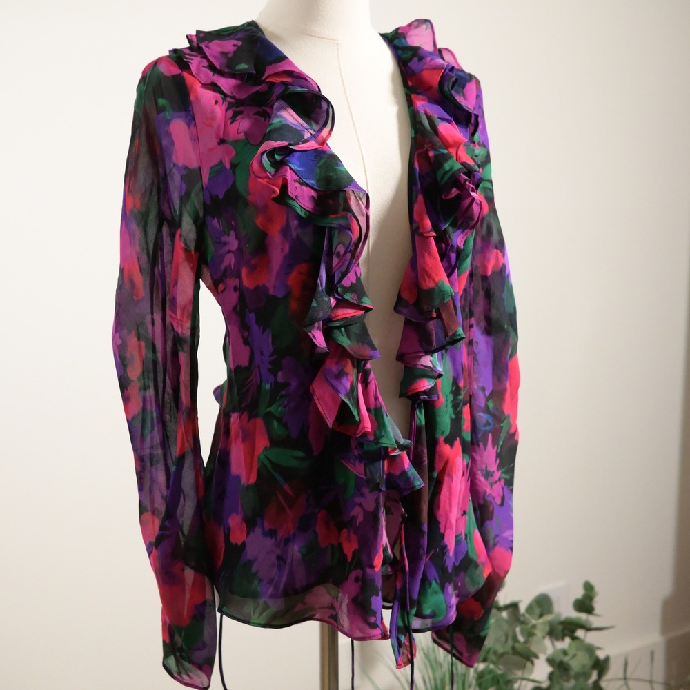 J.Crew Women 8 Floral Ruffle Open Front Tie Blouse Purple Pink Sheer Long Sleeve